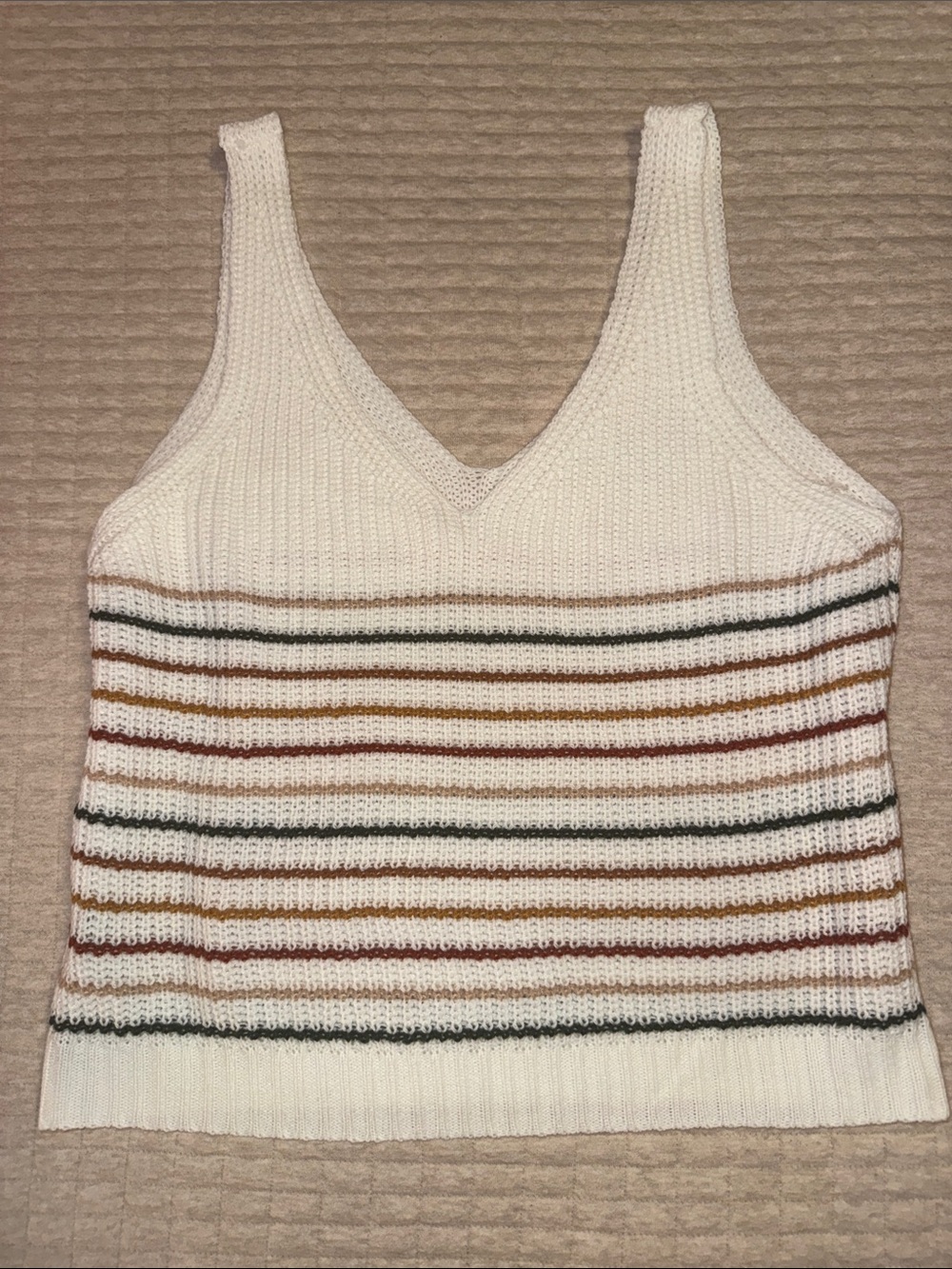 SHEIN Cream Knit V-Neck Striped Tank Top